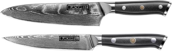 Blackwell Messenset (Koksmes + Officemes) - Japanse Stijl - 67 Lagen Damaststaal VG10 - 2-Delige Professionele Keukenmessenset - Hoge Scherpte, Duurzaam en Ergonomisch Handvat voor Precisie Snijden van Vlees, Groenten en Fruit