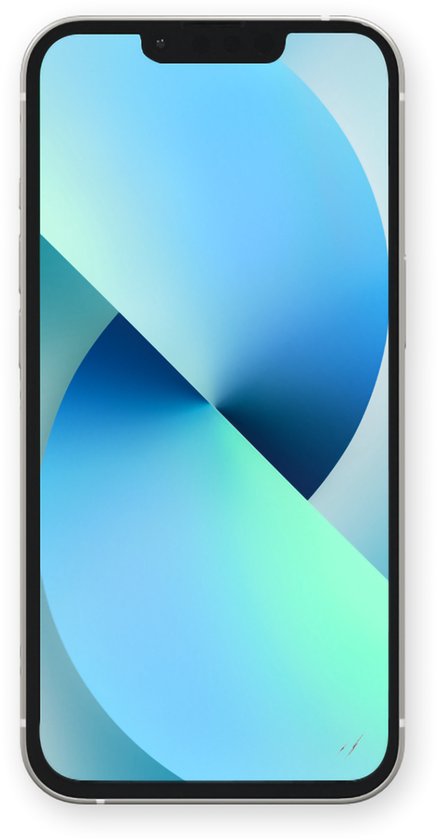 Cremekleurige iPhone 13 mini met een blauwgroene achtergrond op het scherm.