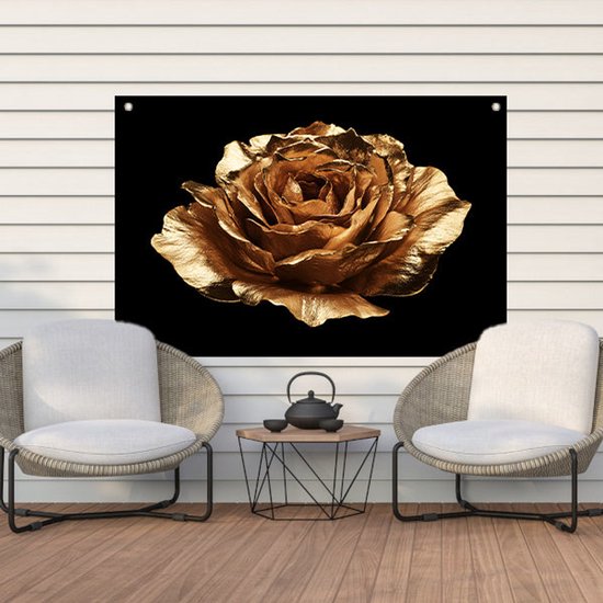Gouden roos met metallic glans - Roos tuinposter - Tuinschilderijen bloem - Goud - Decoratie voor buitenmuren - Wanddecoratie - tuinposter 60x40 cm