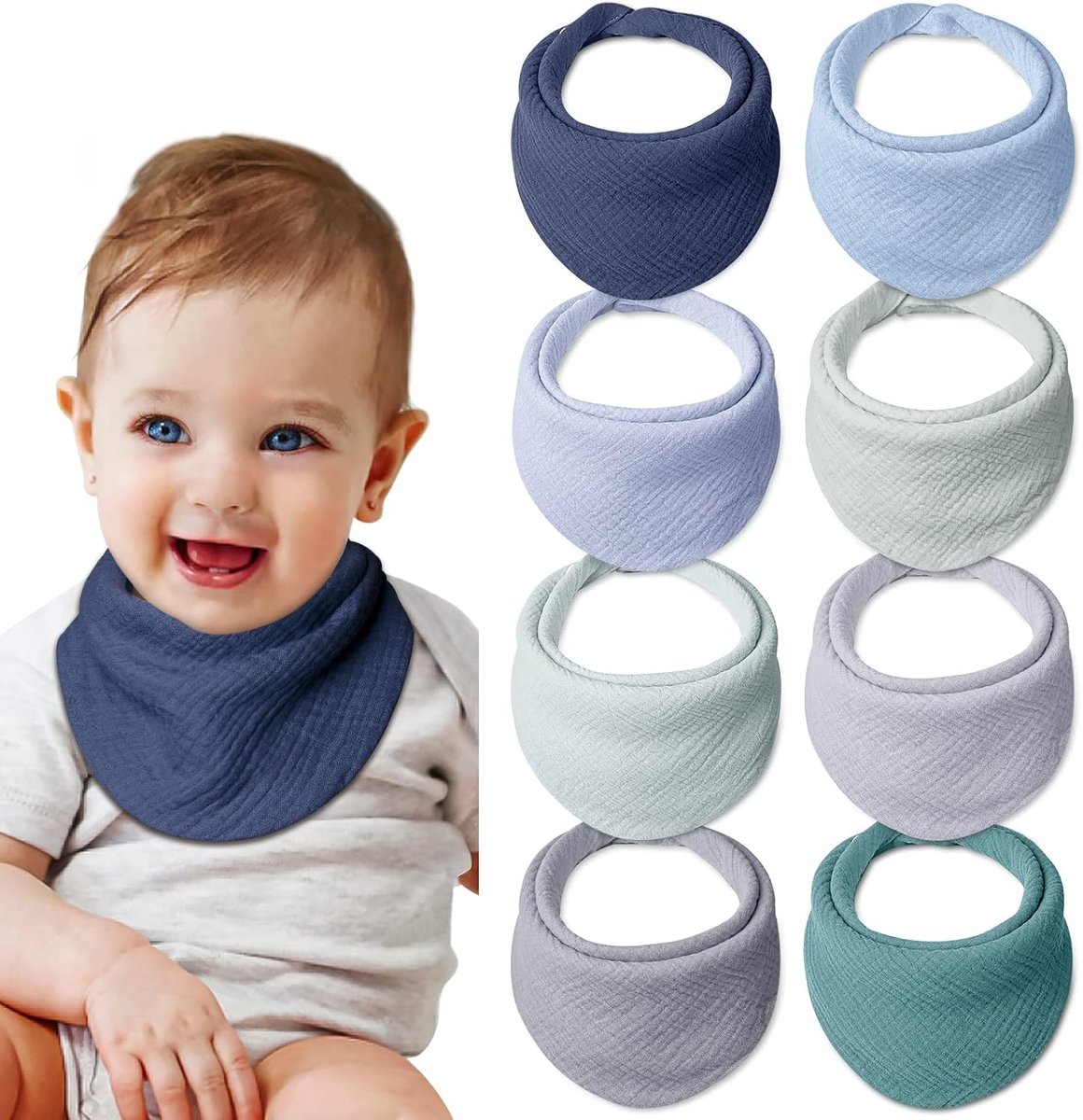 Image of Absorberende driehoekige slabbetjes voor baby's - 8 stuks - Zacht en biologisch katoen - Verstelbare drukknopen - Oceaanblauw