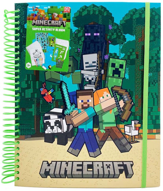 Minecraft Super Activity Album met populaire figuren zoals Steve, Alex, Creeper en Enderman.