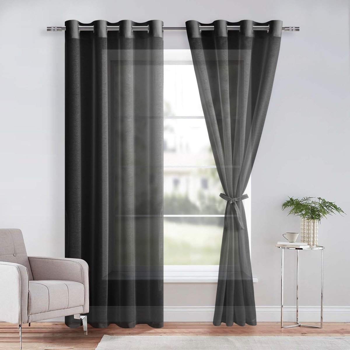 Ibenzoa Transparante Voile Gordijnen Set met Eenvoudige Installatie en Elegante Gordijnhouders, 280 x 140 cm, Zwart