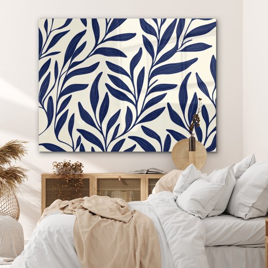 MuchoWow® Glasschilderij 160x120 cm - Schilderij acrylglas - Bladeren - Klimop - Donkerblauw - Foto op glas - Muurdecoratie woonkamer - Wanddecoratie slaapkamer - Schilderijen