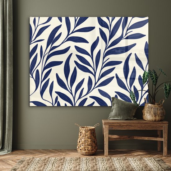 MuchoWow® Glasschilderij 160x120 cm - Schilderij acrylglas - Bladeren - Klimop - Donkerblauw - Foto op glas - Muurdecoratie woonkamer - Wanddecoratie slaapkamer - Schilderijen