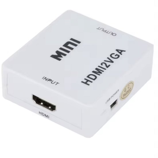 Witte HDMI naar VGA converter met "MINI HDMI2VGA" tekst en poorten.