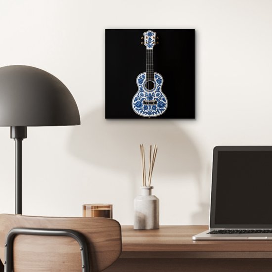 Aluminium schilderij 20x20 cm - Wanddecoratie metaal - Ukelele - Delfts - Blauw - Muziek - Metalen muurdecoratie woonkamer - Decoratie industrieel - Foto op dibond - Industriële accessoires slaapkamer