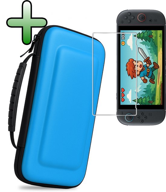 Blauw hoesje met Nintendo Switch en een geplaatste screenprotector.