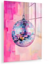MuchoWow® Glasschilderij 90x120 cm - Schilderij acrylglas - Discobal - Pink - Verf - Foto op glas - Muurdecoratie woonkamer - Wanddecoratie slaapkamer - Schilderijen