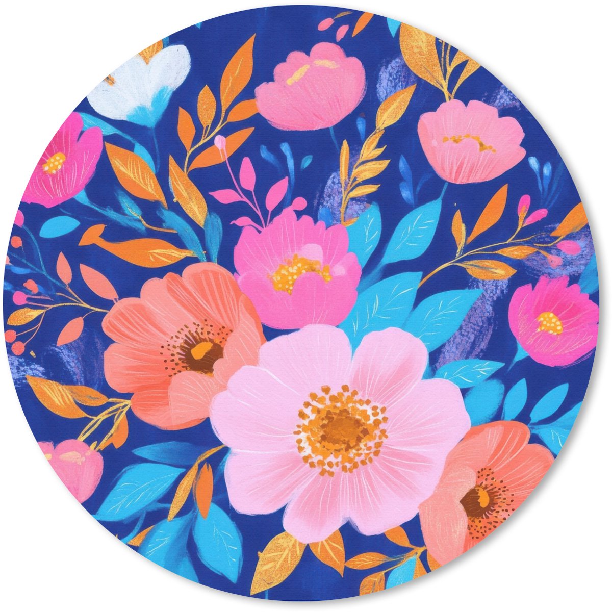 Muismat rond 20x20 cm - Mousepad Bloemen - Blauw - Roze - Ronde muismatten