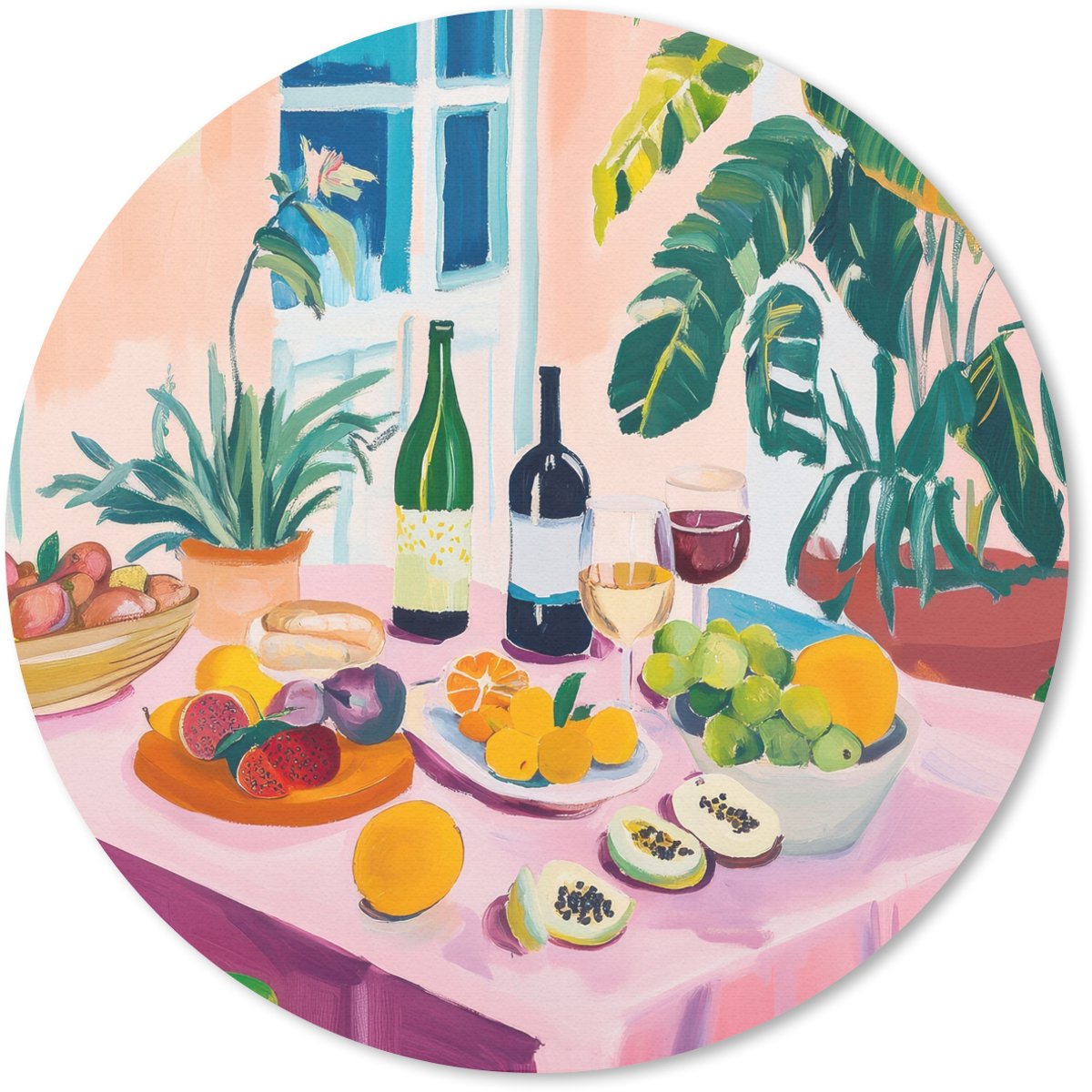 Muismat rond 40x40 cm - Mousepad Tafel - Wijn - Fruit - Ronde muismatten