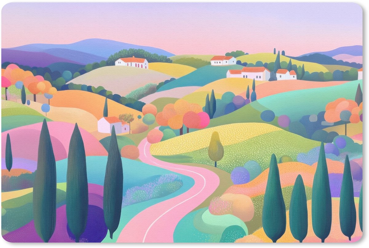 Muismat 27x18 cm - Mousepad Landschap - Paars - Pastel - Huizen - Muismatten
