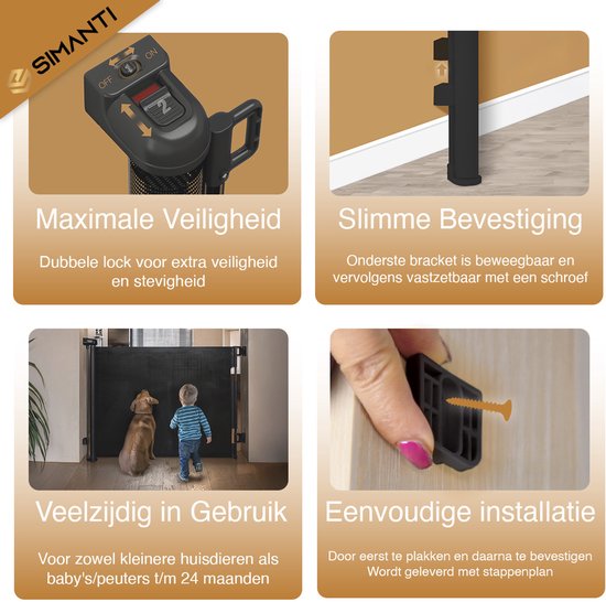 Illustratie van de oprolbare traphekje functies: dubbele lock, bevestiging, gebruiksvriendelijkheid en eenvoudige installatie.