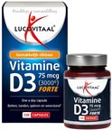 Doos en pot met vitamine D3. De tekst op de verpakking vermeldt "Vitamine D3 75 mcg (3000IE) Forte" en "120 CAPSULES".