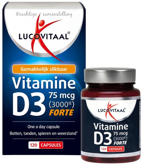 Doos en pot met vitamine D3. De tekst op de verpakking vermeldt "Vitamine D3 75 mcg (3000IE) Forte" en "120 CAPSULES".