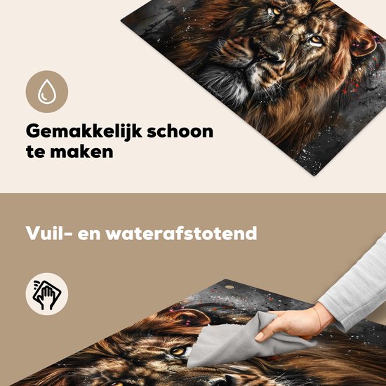 KitchenYeah® Protection plaque induction 85x50 cm - Lion - Animal - Peinture - Noir - Protege plaque de cuisson - Couvre plaque induction - Protecteur d'induction - Cuisine