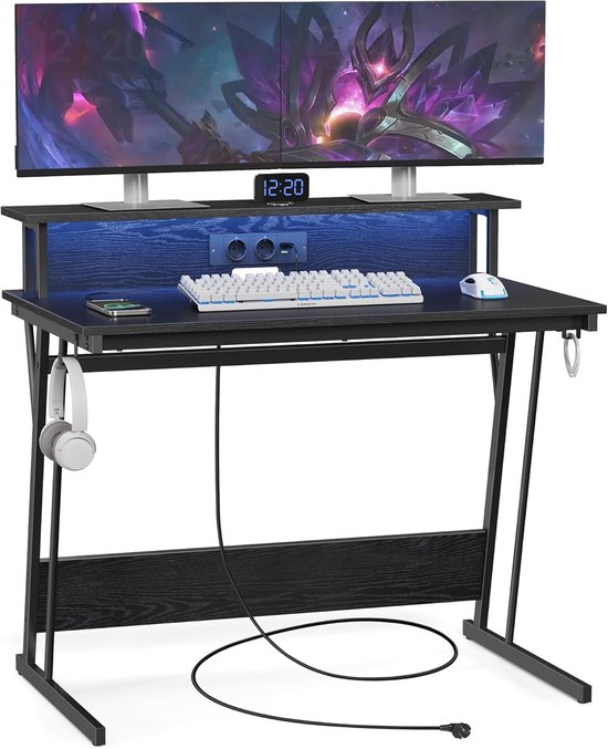 Gamingtafel met ledverlichting, bureau met ingebouwde stekkerdoos