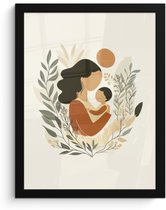 Poster in lijst - Fotolijst 30x40 cm - Posters - Illustratie - Moeder - Kind - Liefdevol - Posterlijst zwart - Decoratie - Wanddecoratie woonkamer - Muurdecoratie slaapkamer