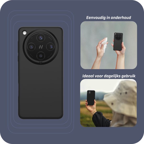 Zwarte telefoonhoes met grote cirkel voor camera. Twee afbeeldingen: schoonmaken met doekje, vasthouden in natuur.
