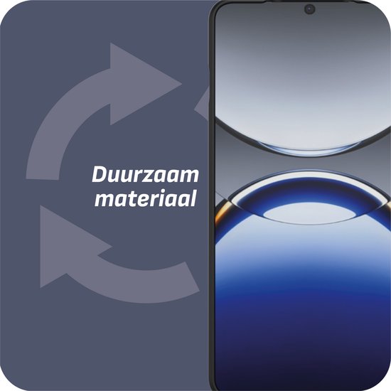 Zwarte telefoonhoes met de tekst "Duurzaam materiaal" en pijlen.