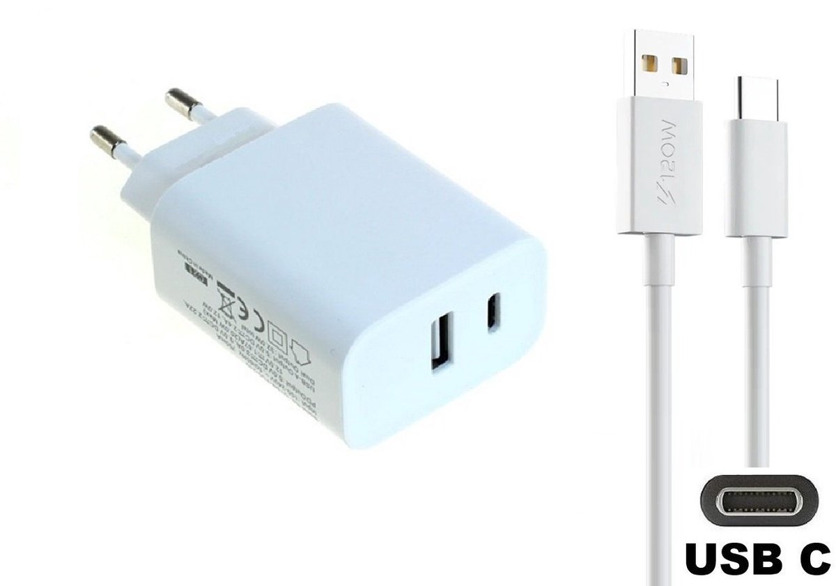 OneOne 20W snellader met 2 poorten + 2,0m sterke USB C kabel. PD lader. Oplader adapter past op Samsung Galaxy Z Fold, F42, M10s, M11, M15, M1, Flip, M22, M23, M55s, M05, M53, M62, Quantum
