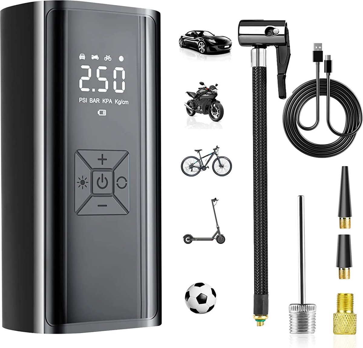 Lzwintrading Elektrische Fietspomp - Luchtcompressor - Draagbare Luchtcompressor - Ballenpomp - Autobanden Pomp - Bandenpomp - 4500 mAh - Tot wel 10.3 Bar – USB Oplaadbaar - Met LCD digitale manometer en LED-verlichting -Voor Scooter/Motor/Auto/Fiets