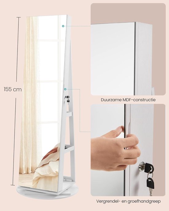 Witte staande spiegelkast, 155cm hoog, met slot en handgreep. MDF constructie.