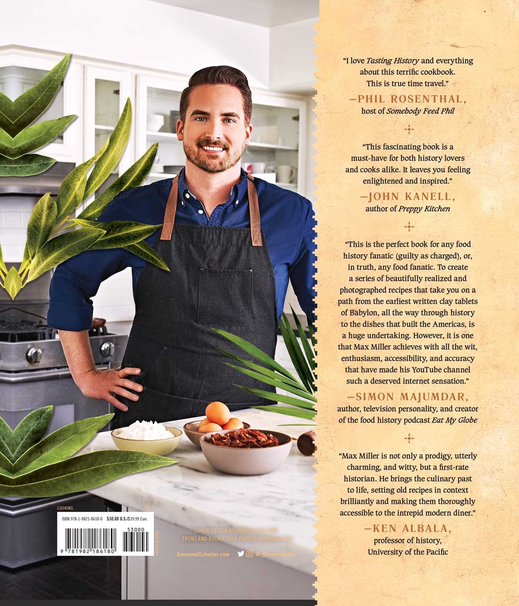 Max Miller, auteur van 'Tasting History', draagt een schort en staat voor een keuken met ingrediënten en citaten.