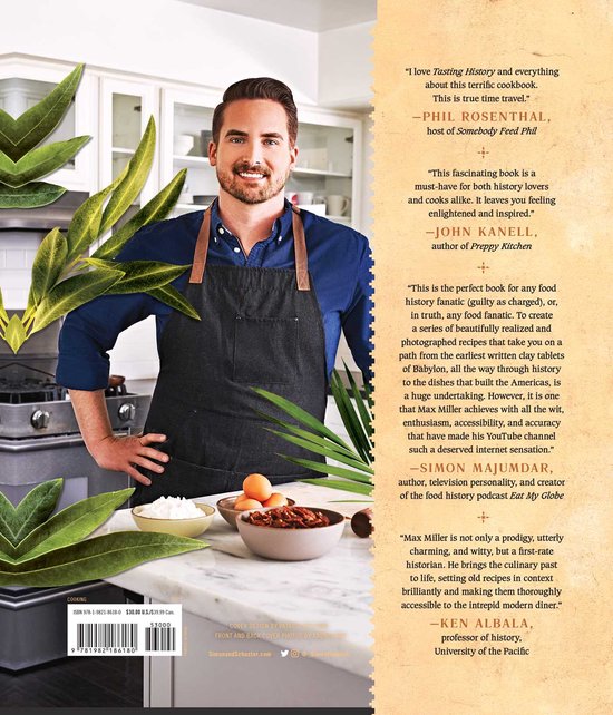 Max Miller, auteur van 'Tasting History', draagt een schort en staat voor een keuken met ingrediënten en citaten.