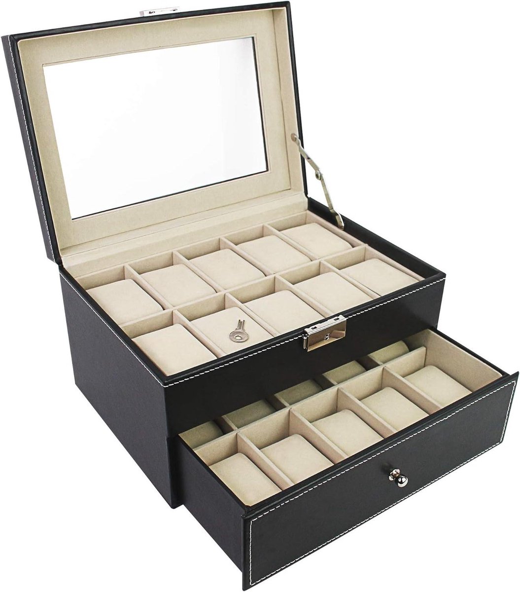 - Horloge- en armbandopbergkoffer - Afmetingen: 285 x 205 x 15 cm - Materiaal: MDF - 20 horloges met lade en display zwart-beige