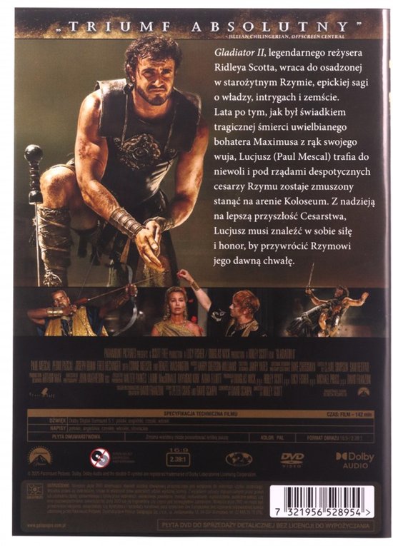 Achterkant DVD-hoes van Gladiator II met de hoofdrolspeler, acteur Paul Mescal, en tekstuele beschrijvingen van de film.