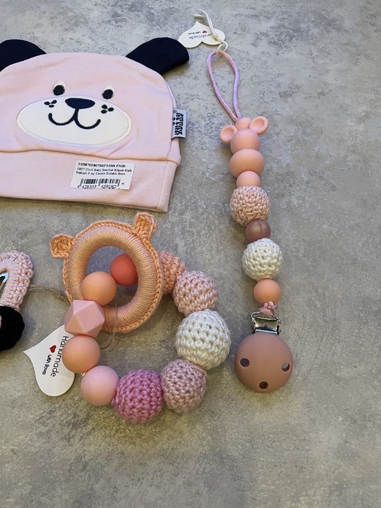 Maminobaby.nl - Minnie mouse - Baby geschenkset meisjes - Handgemaakte speenkoord - Handgemaakte haarclip - Handgemaakte bijtring - Sokjes - Muts - Kraamcadeau - Babyshower — afbeelding 2