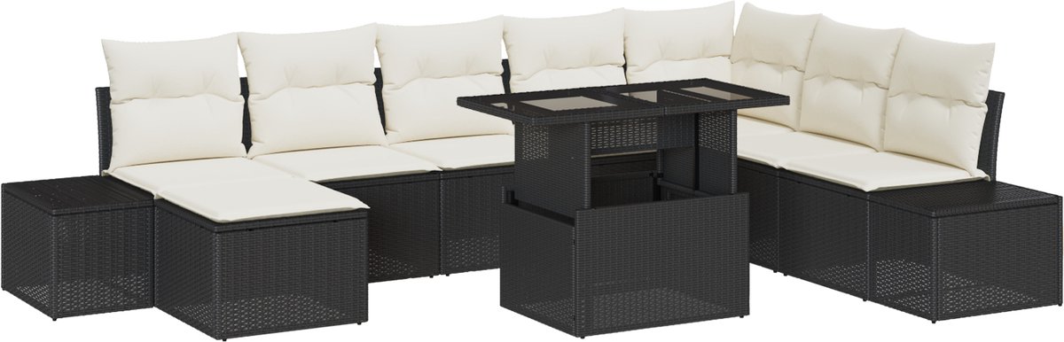 vidaXL - Tuinbank - Set - met - opslag - 9 - pcs - Zwart - Poly - rattan