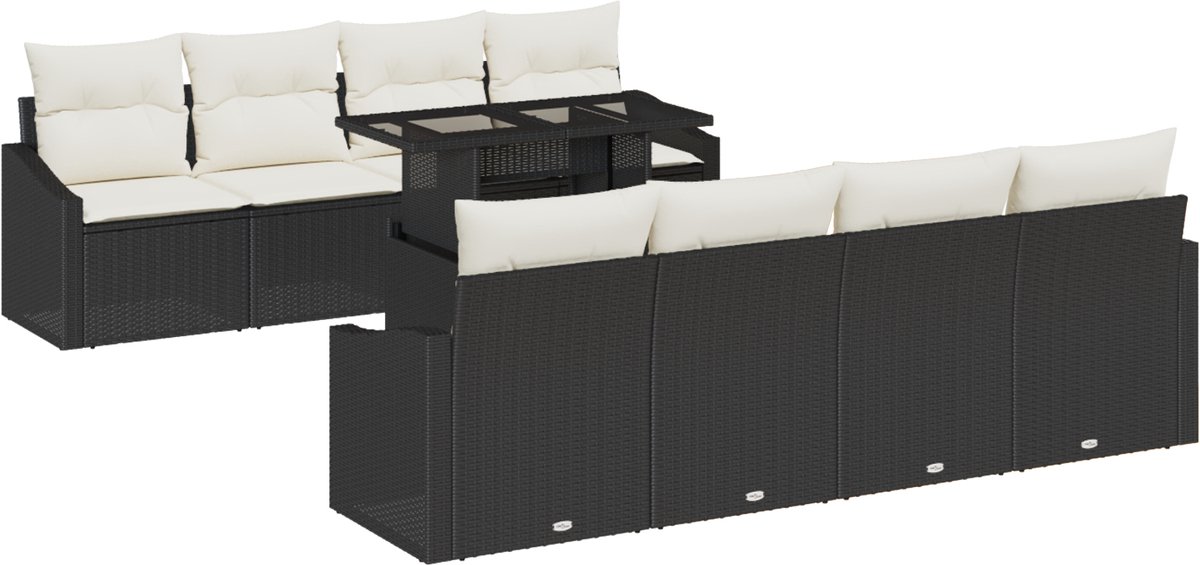 vidaXL Tuinbank - Set - 9 - st - Zwart - poly - rattan