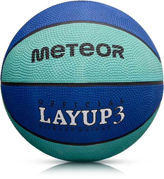 Meteor Layup 3 basketbal, blauw en turkooisgroen met "OFFICIAL LAYUP 3" tekst.