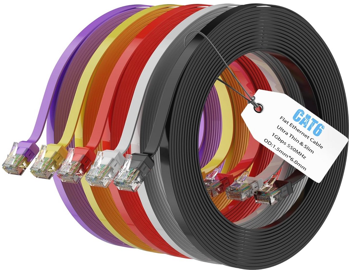 Platte Cat6 Ethernet-kabel 1 meter - 5 stuks, hoge snelheid, RJ45 voor modem, router, computer - Inclusief 25 kabelbinders