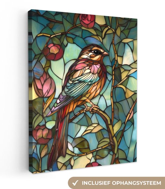 Canvas schilderij 30x40 cm - Exclusieve wanddecoratie Vogel - Tak - Rozen - Mozaïek - Muurdecoratie woonkamer - Slaapkamer decoratie - Kamer accessoires - Schilderijen op canvas