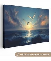 Tableau sur toile 90x60 cm - Décoration murale Mouettes - Mer - Nuages - Blauw - Décoration murale salon - Décoration chambre - Accessoires chambre - Peintures sur toile