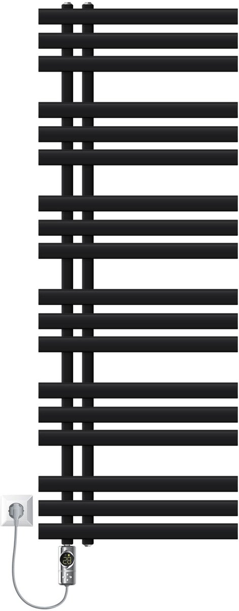 LuxeBath elektrische badkamerradiator van ijzer 500x1400 mm zwart met chroomkleurig warmte element van 1200W digitale thermostaat moderne handdoekverwarmer en stijlvolle paneelverwarming