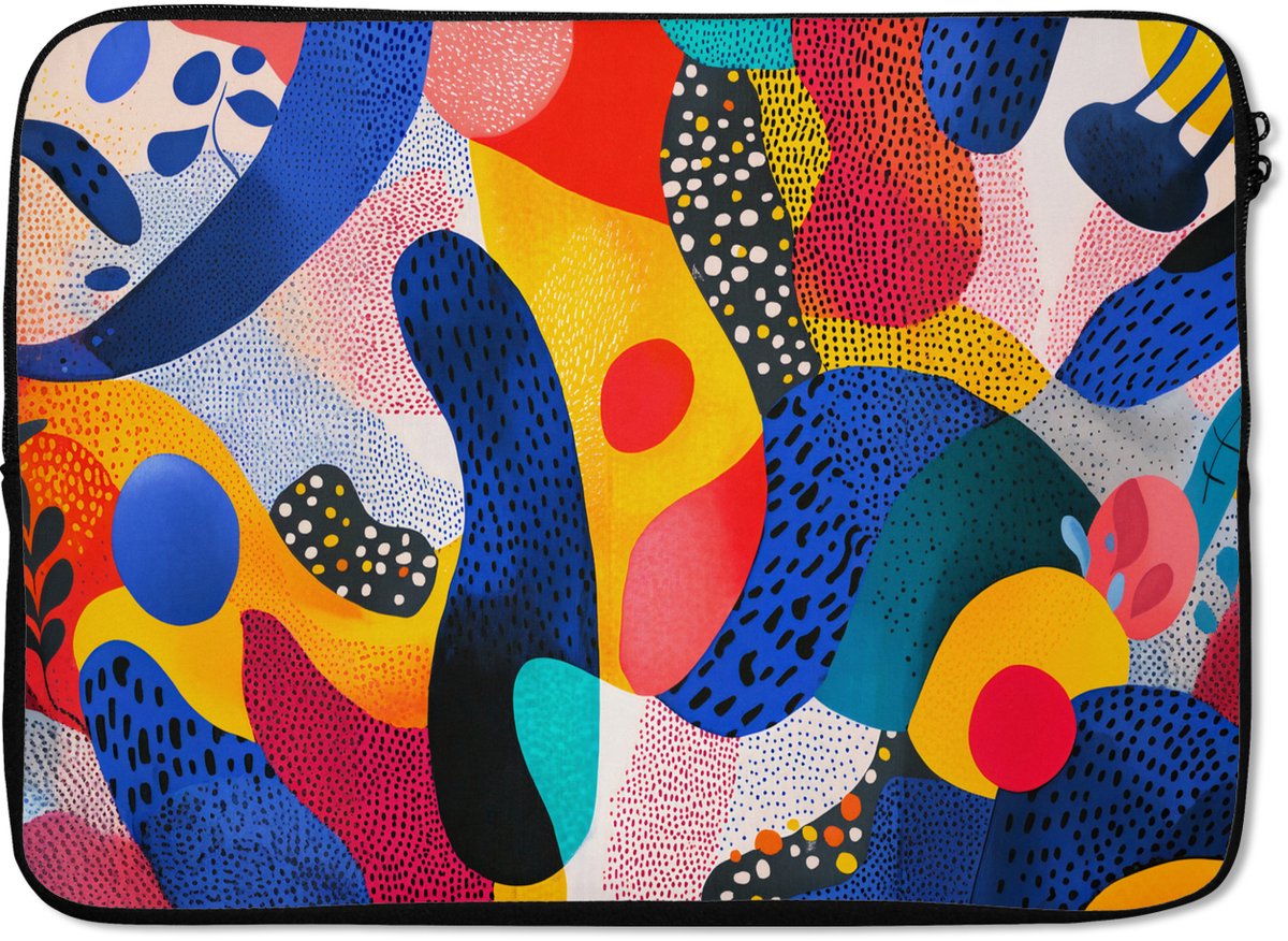 Laptophoes 14 inch - Vormen - Abstract - Stippels - Blauw - Laptop sleeve - Binnenmaat 33x23 cm - Zwarte achterkant
