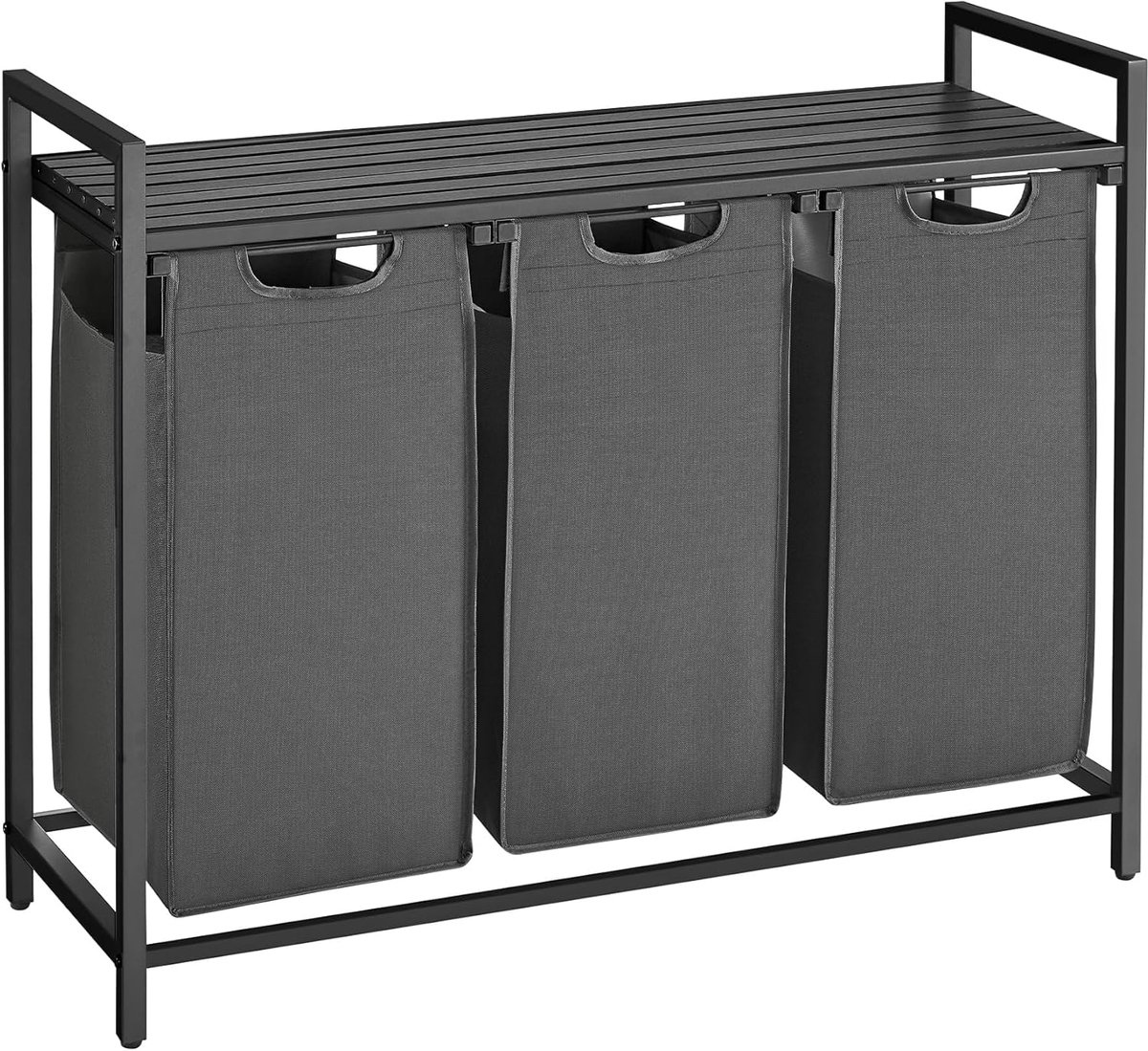 VASAGLE Wasmand 3 vakken, wasverzamelaar met plank, wasbox, waszak van oxford stof uitneembaar, metalen frame, 3 x 38 L, 92,5 x 33 x 72 cm, zwart-grijs