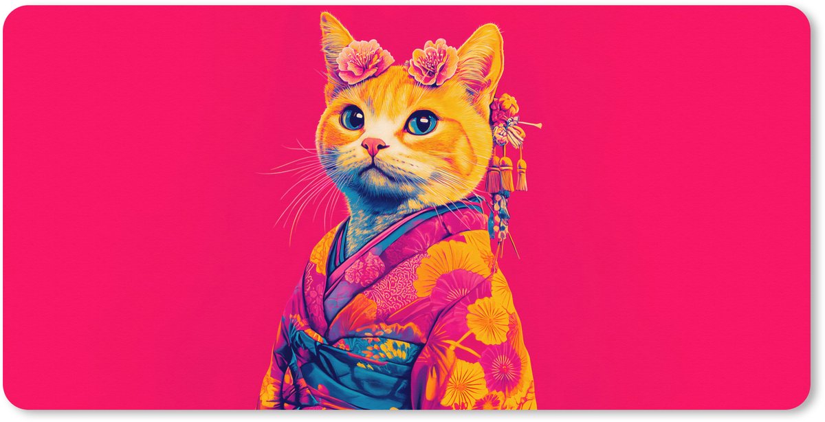 Muismat XXL 80x40 cm - Bureau onderlegger - Bureau mat Kat - Kimono - Bloemen - Roze - Bureaumat - Gaming mousepad xl - Bureaulegger groot - Computer deskmat