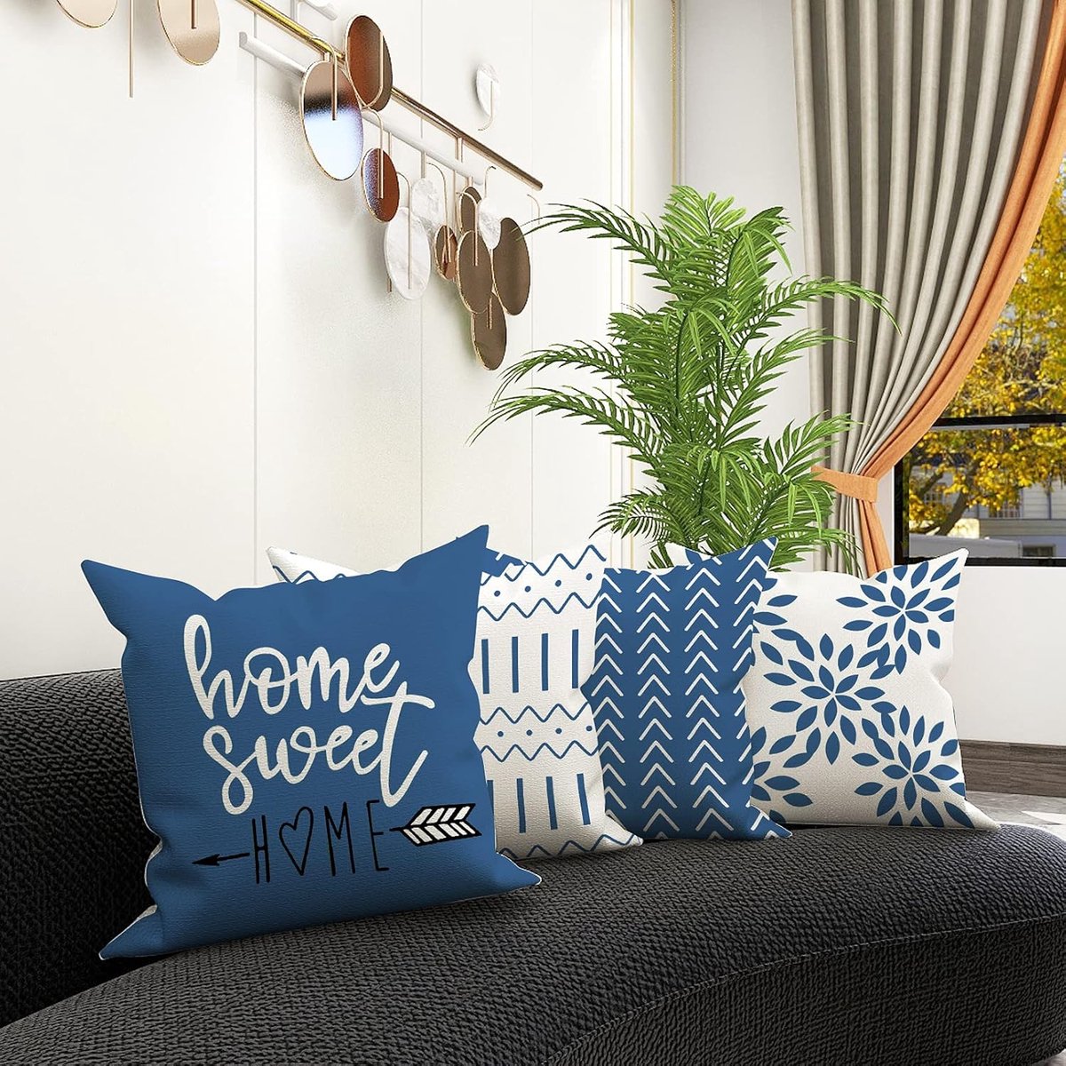 Ibenzoa Linnen Kussen Set 40x40cm - Vierdelige Decoratieve Kussencollectie voor Bank en Bankje blauw