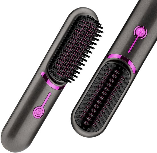 Grijze haarstyler met roze accenten, verschillende aanzichten.