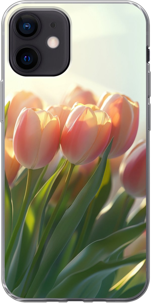 Telefoonhoesje Geschikt voor iPhone 12 hoesje - Tulpen - Roze - Zonnestralen - Siliconen Telefoonhoesje Telefoonhoesje