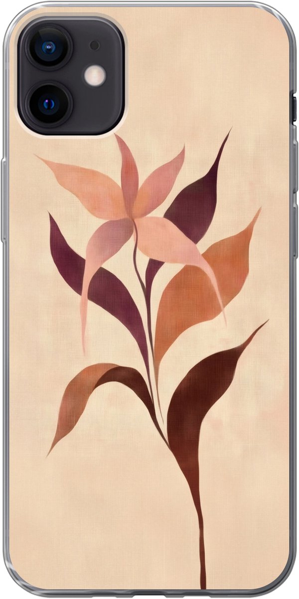 Telefoonhoesje Geschikt voor iPhone 12 mini hoesje - Minimalistisch - Bloem - Bladeren - Beige - Siliconen Telefoonhoesje Telefoonhoesje