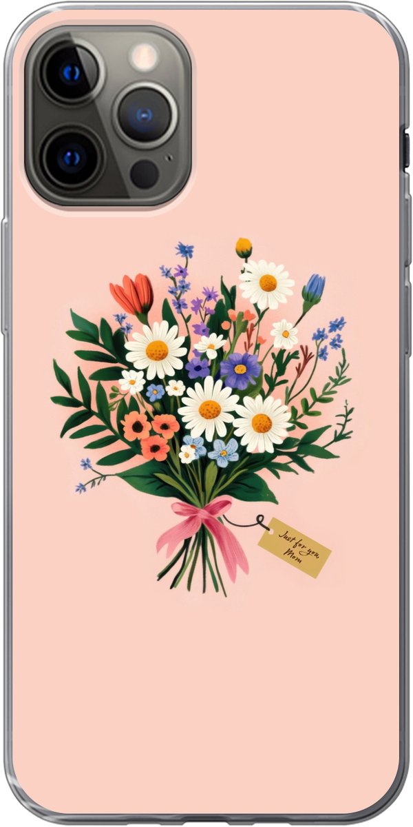 Telefoonhoesje Geschikt voor iPhone 12 Pro hoesje - Margrieten - Boeket - Strikje - Roze - Siliconen Telefoonhoesje Telefoonhoesje
