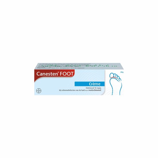 Canesten FOOT crème 20g met afbeelding van een voet.