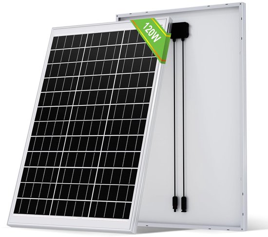 120W zonnepaneel met zwarte zonnecellen en een zilverkleurig frame, met stekkers zichtbaar aan de achterkant.