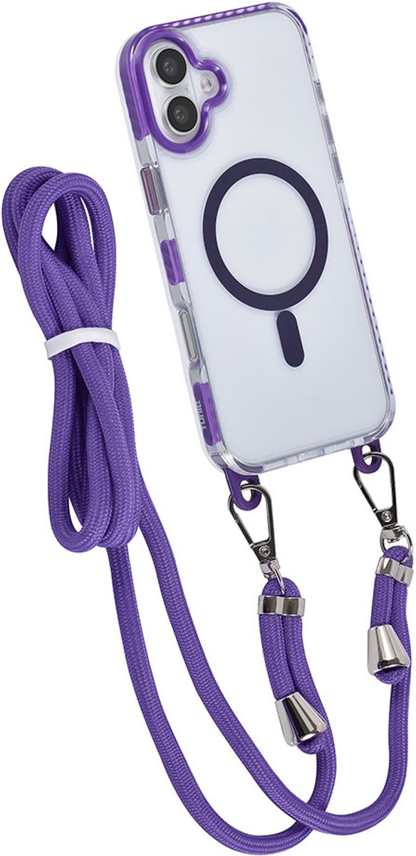 TUNIQ – iPhone 16 Plus–Backcover hoesje-Nek koord-magsafe -TPU-PC-Paars-Transparant