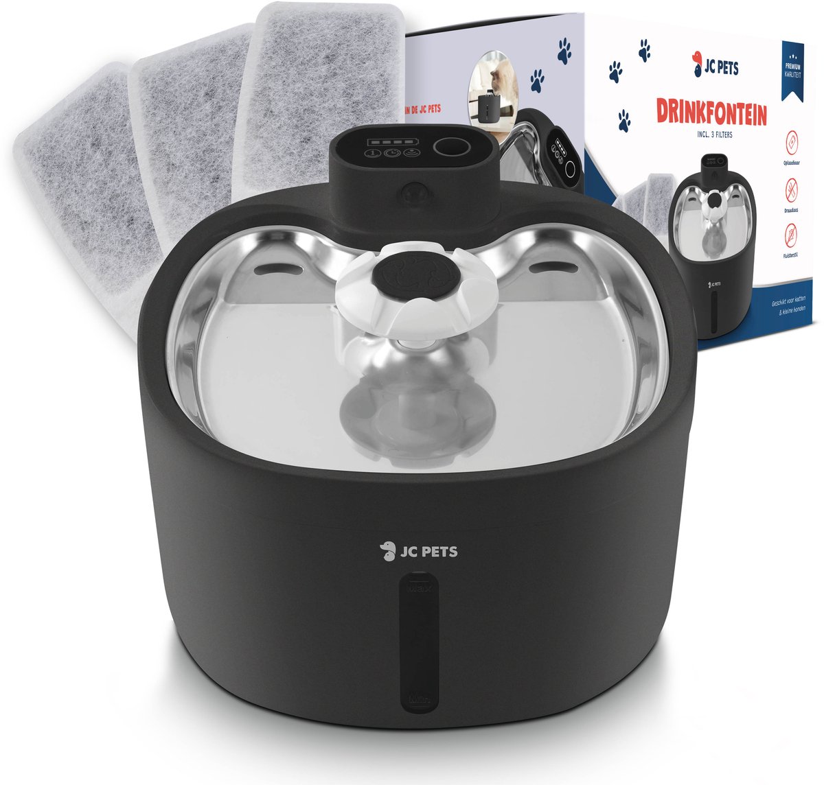 JC Pets Premium Drinkfontein voor Kat en Hond - Draadloze Waterfontein met Sensor - Katten Fontein- Waterbak Automatisch - RVS - Fluisterstil - Inclusief 9 filters - Zwart